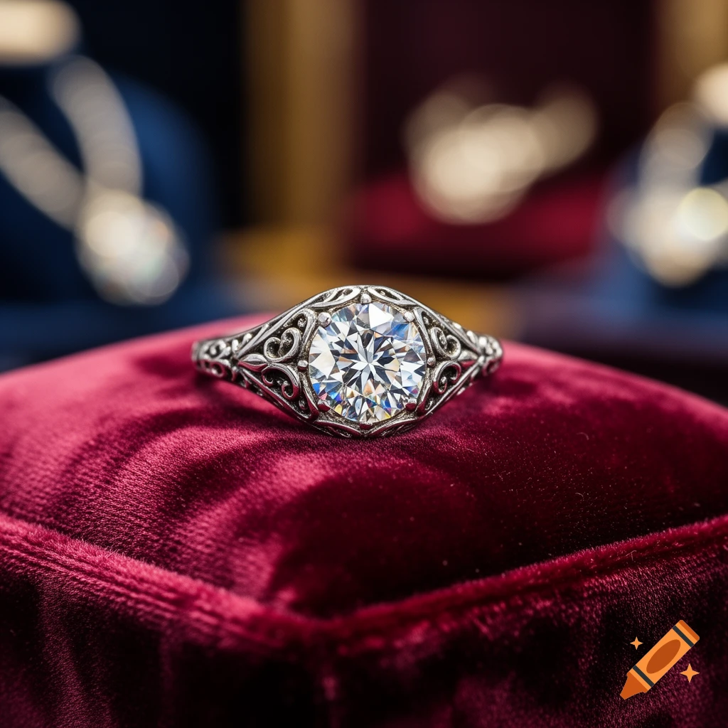 A detailed shot of an ornate silver diamond ring resting on a deep red velvet cushion.