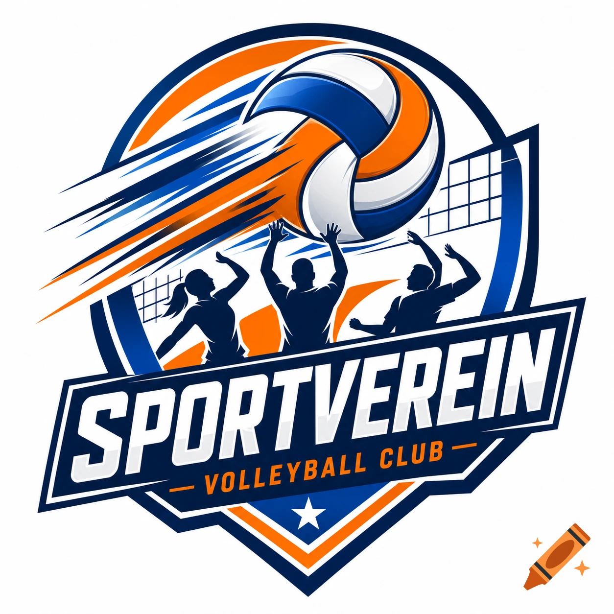 Blue and orange volleyball club logo with silhouetted players, a ball, and a net. Text reads "SPORTVEREIN VOLLEYBALL CLUB".