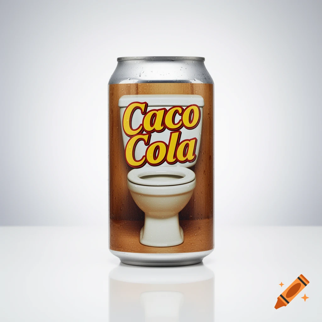 A photorealistic soda can with a brown wood-patterned label depicting a white toilet and the words 'Caco Cola'.