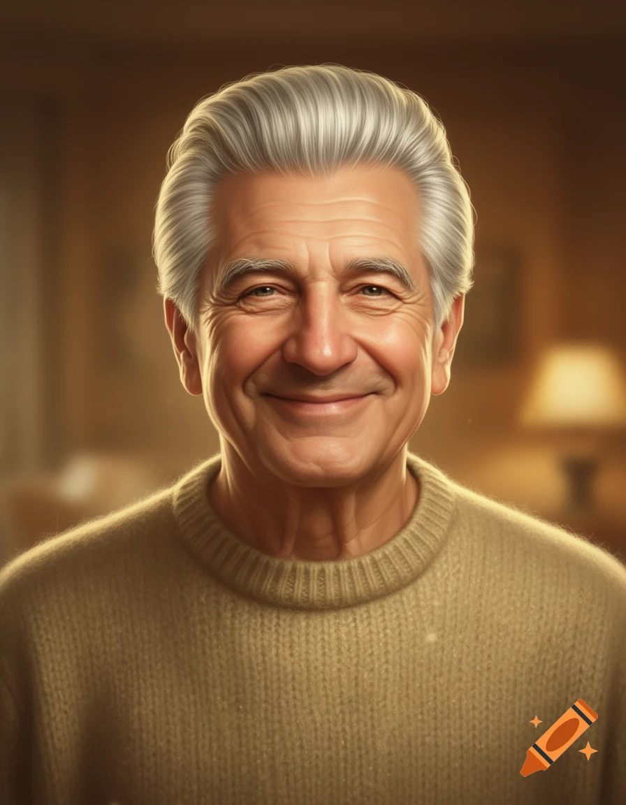 Photorealistic illustration of a smiling elderly man with short gray hair, wearing a beige sweater.