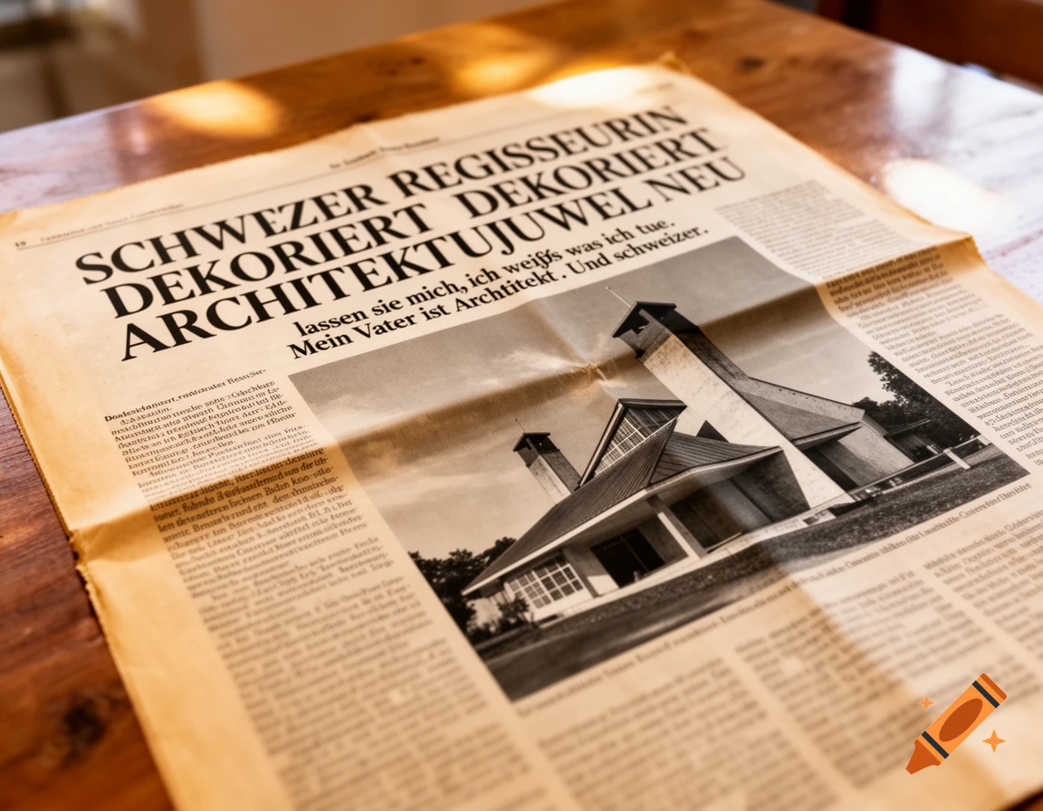 A vintage newspaper displaying a headline, a quote, and a black and white photo of a modern concrete church building.