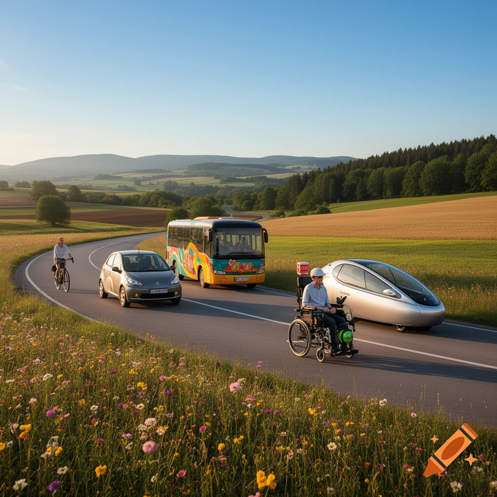 Various modes of transport on a winding road through a rural landscape with fields and trees under a clear sky.