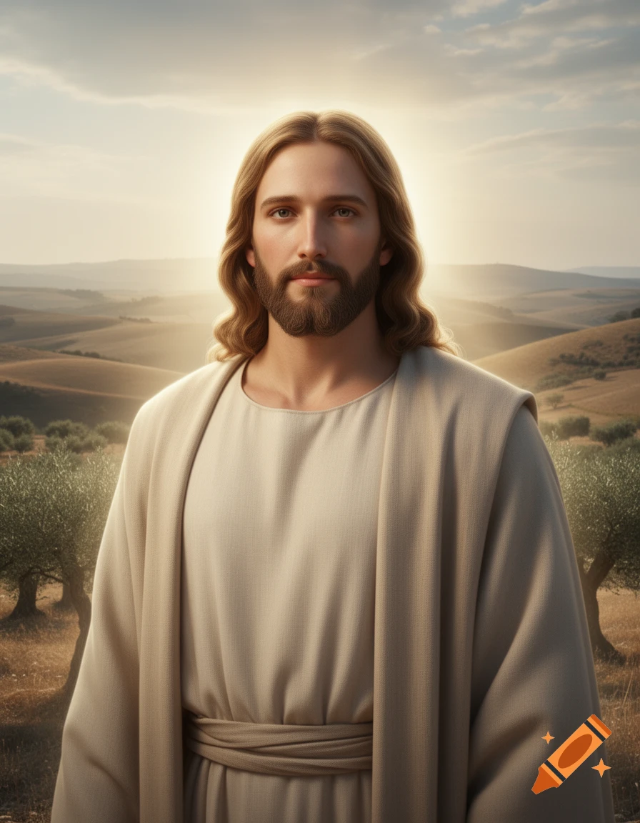 A photorealistic portrait of Jesus Christ with long brown hair and a beard, wearing light robes, standing in a field of rolling hills.