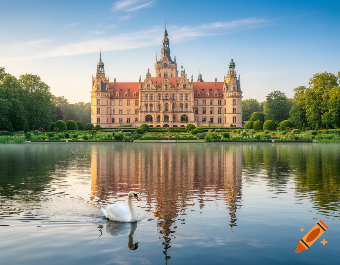 A majestic castle with red roofs reflected in a calm lake, with a white swan gracefully swimming in the foreground, under a clear sky.