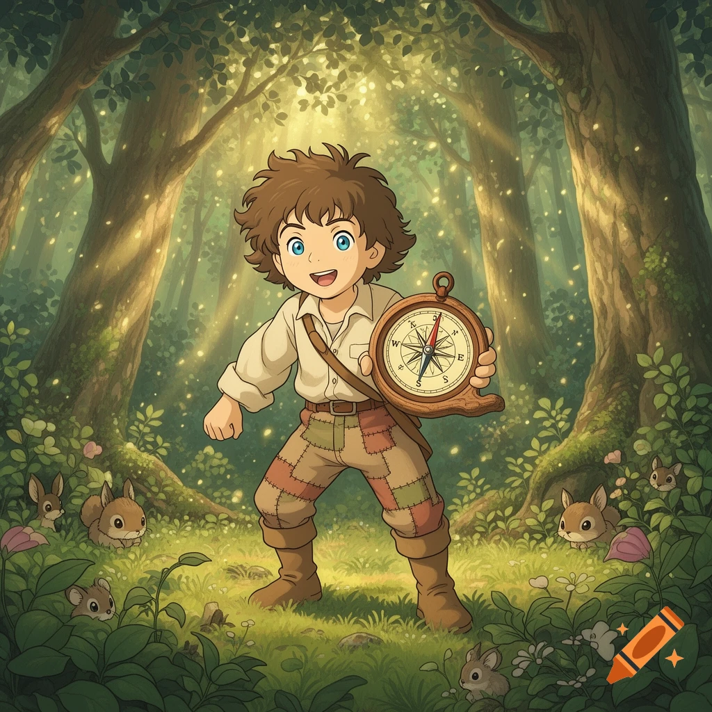 A smiling boy with brown hair in a magical forest holds a large compass, with small rabbits peeking from the grass in Studio Ghibli style.