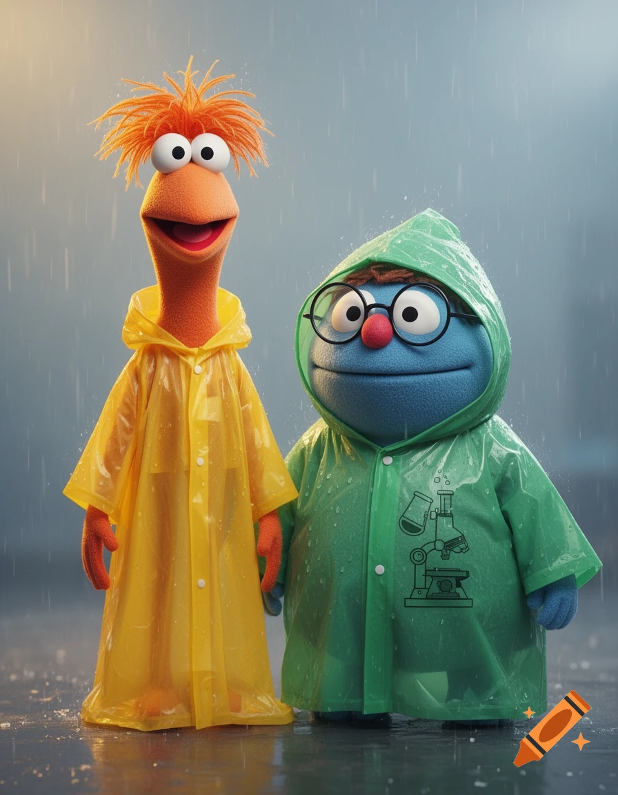 Two photorealistic puppet characters, one orange in a yellow raincoat and one blue in a green raincoat, stand in the rain.