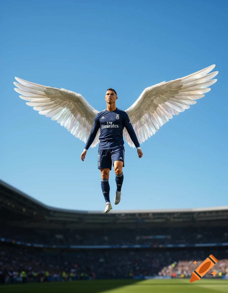 Photorealistic image of Cristiano Ronaldo with large white wings, floating above a soccer stadium with blurred crowds.