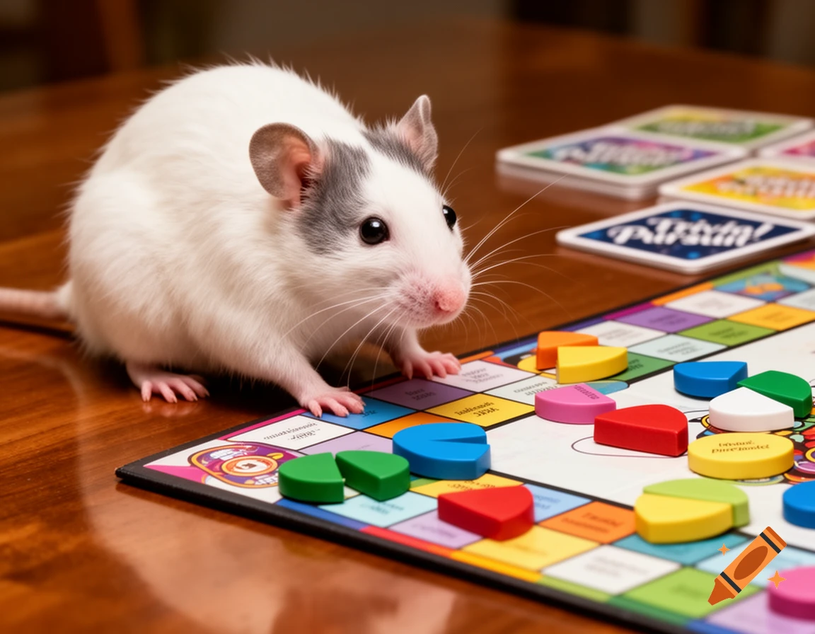 A white and gray mouse sits on a Trivial Pursuit board game surrounded by colorful game pieces.