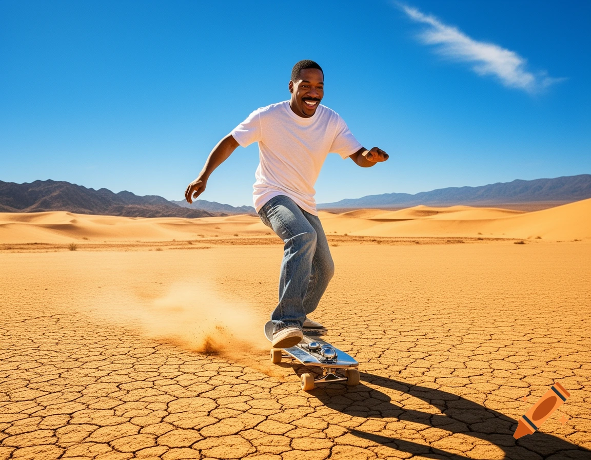 A man resembling Eddie Murphy skateboards across a cracked desert floor, kicking up dust under a clear blue sky.