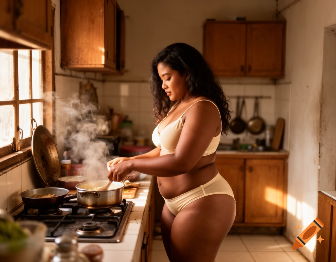 A young, curvy woman in cream lingerie cooks in a sunlit, simple kitchen, stirring a pot on the stove.
