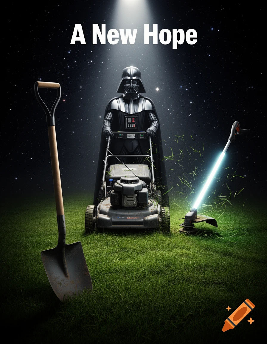 Darth Vader pushes a lawnmower on a grassy field under a starry sky. A shovel and glowing weed trimmer are nearby. Text reads "A New Hope".