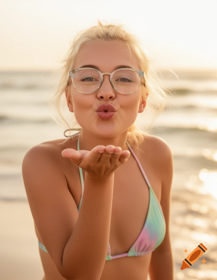 A blonde woman in a pastel bikini and glasses blows a kiss towards the viewer on a sunny beach.