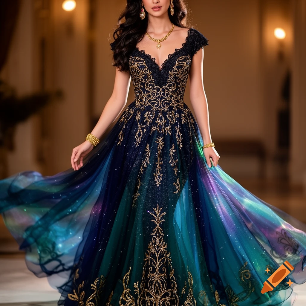A woman models a flowing blue, teal, and gold embroidered gown with intricate details.