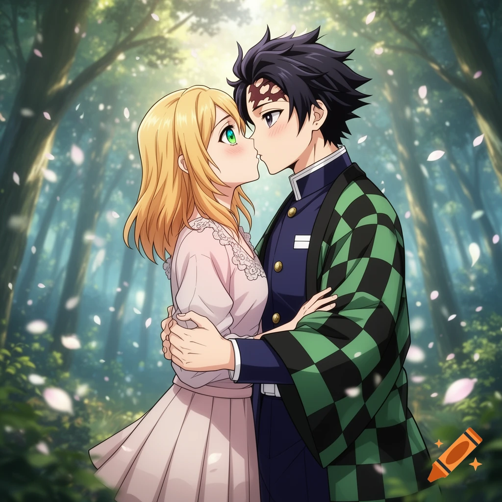 An anime man and woman embrace in a lush forest with falling petals, leaning in for a kiss. The man wears a checkered green and black haori.