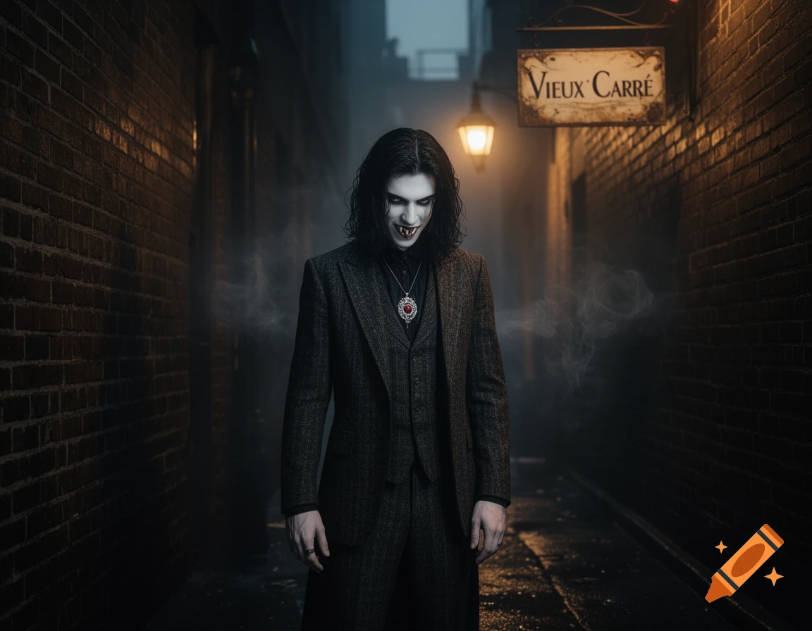 A pale-faced vampire with fangs and long dark hair, wearing a dark suit and a large pendant, stands in a foggy, dimly lit alley with a 'Vieux Carr ' sign.