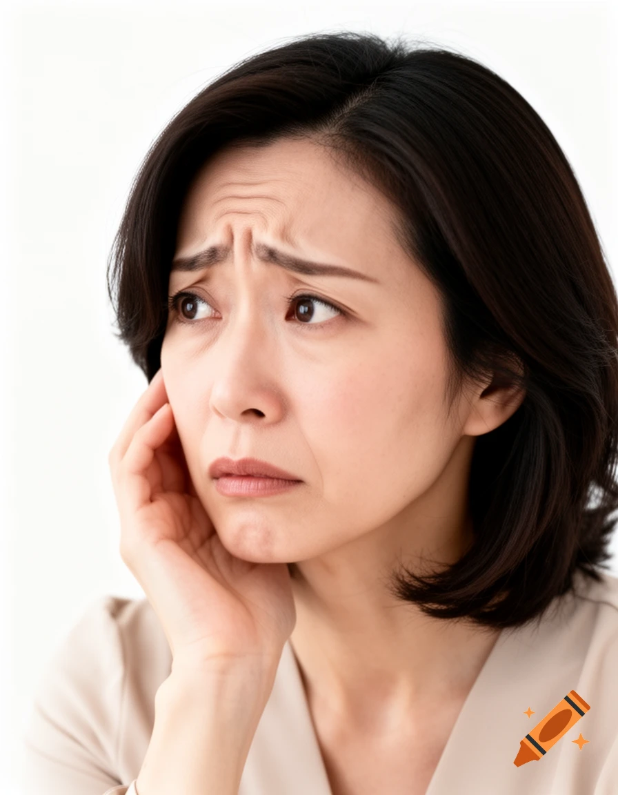 Worried Japanese woman with dark hair, looking anxiously to the side with a hand near her cheek in a clean portrait.