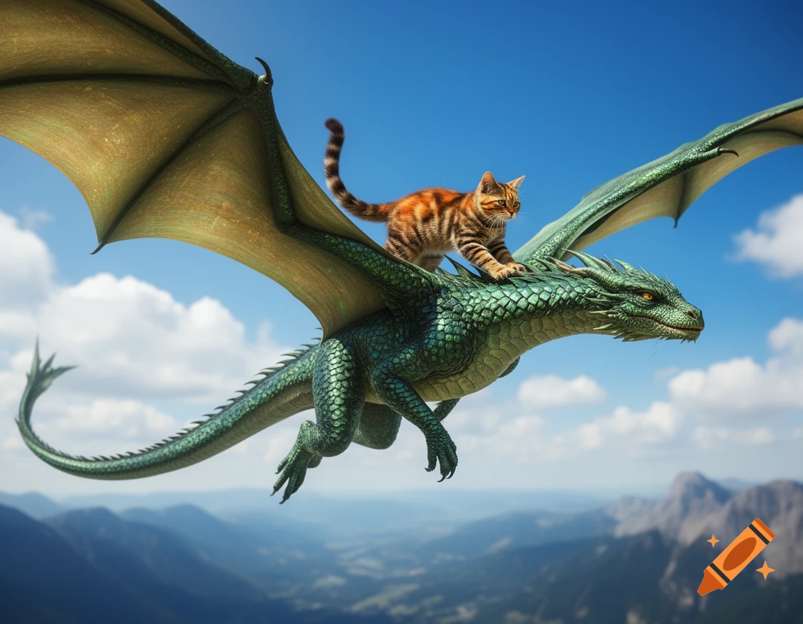 A tabby cat rides on the back of a large green dragon flying high above mountains under a blue sky with white clouds.