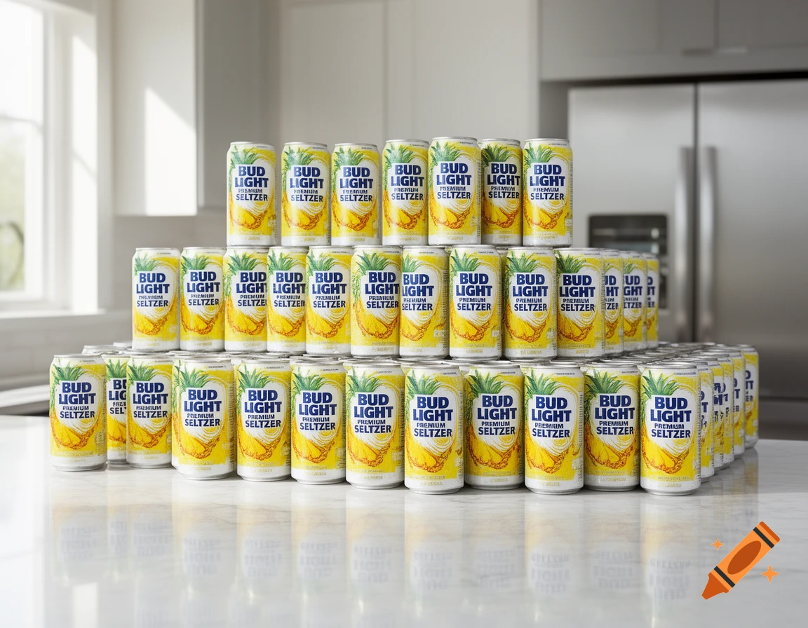 Photorealistic image of many cans of Bud Light Premium Seltzer Pineapple stacked in a pyramid on a kitchen counter.