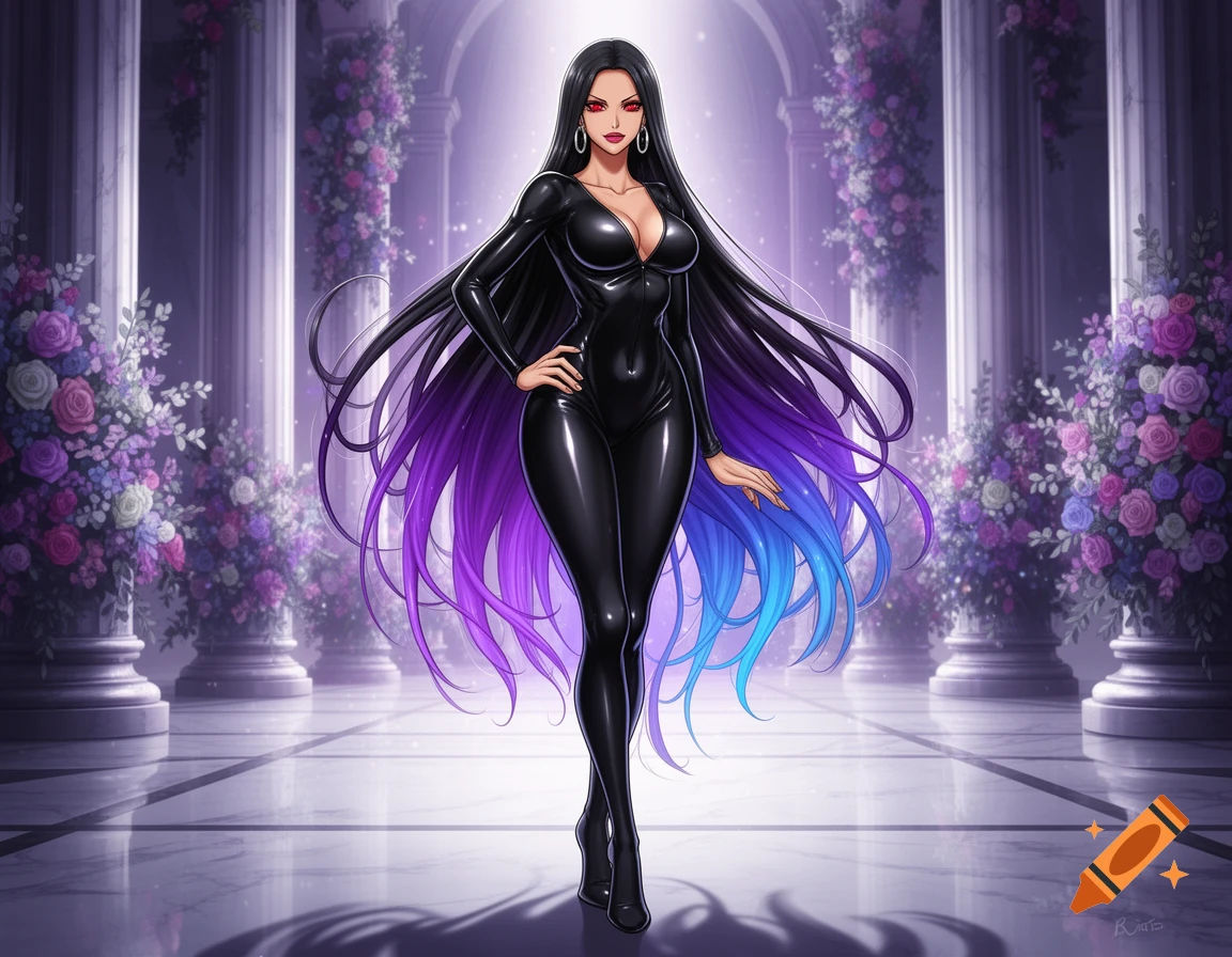 Anime woman with long black and purple-blue hair in a black latex suit stands in a grand hall with pillars and flowers.
