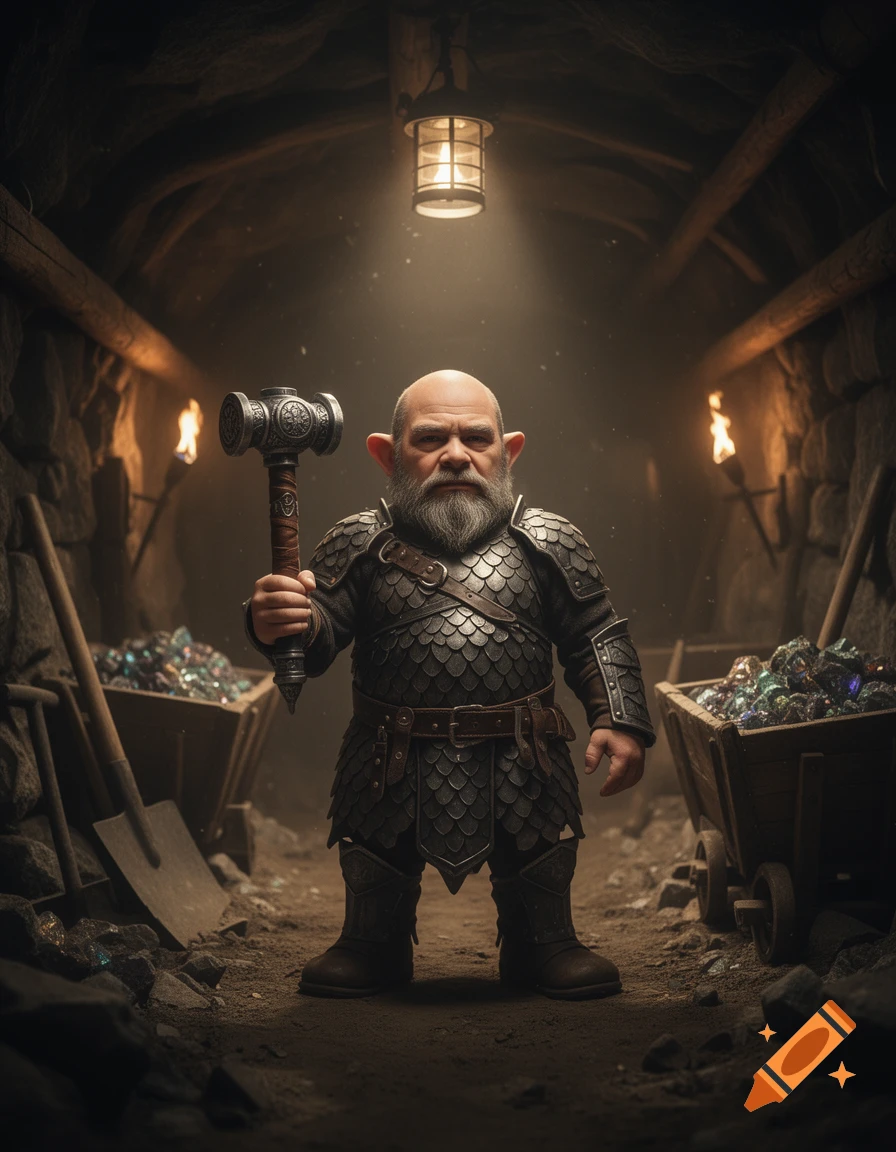 A bald, bearded dwarf in scale armor holds a large hammer in a dark, lamp-lit mine tunnel with carts of glowing ore.
