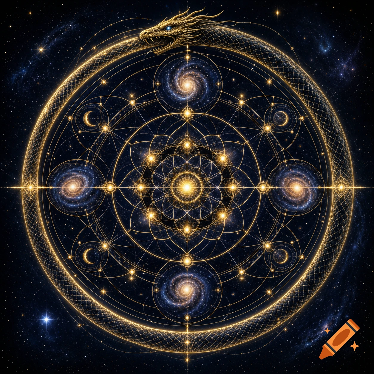 A golden Ouroboros dragon encircles a complex geometric symbol featuring glowing stars, moons, and spiral galaxies against a dark cosmic background.