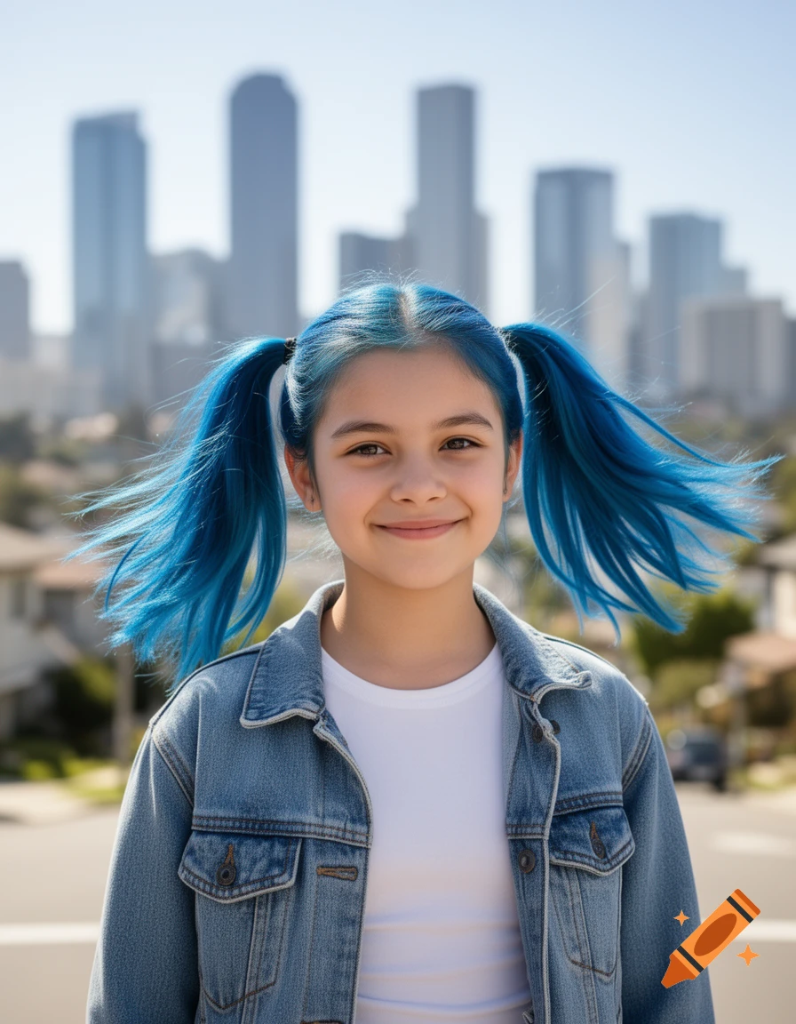 A young girl with bright blue pigtails and a denim jacket smiles, standing in front of a blurred city skyline.