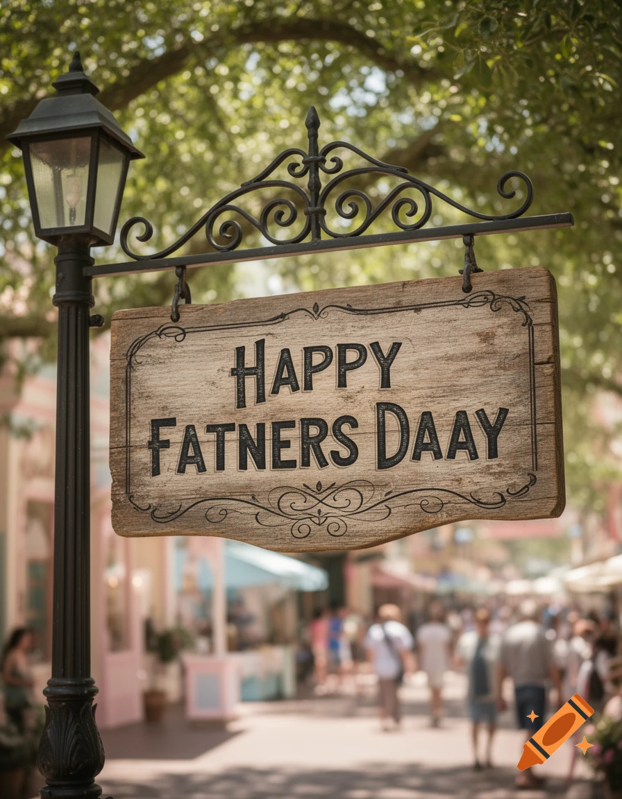 A rustic wooden sign reading "HAPPY FATNERS DAAY" hangs from an ornate black lamppost on a sunny street, with blurred people and shops in the background.