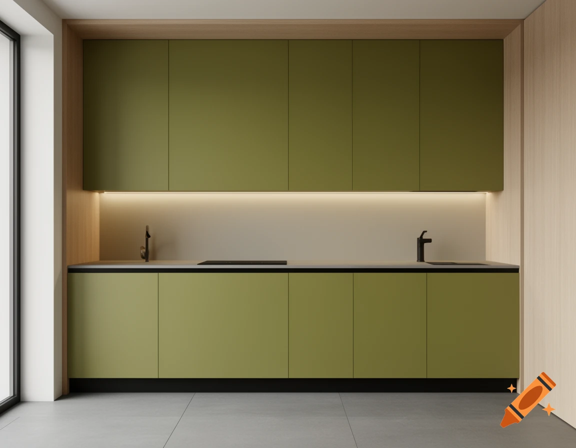 Modern kitchen with olive green cabinets, black plinths, light wood accents, and gray floor.