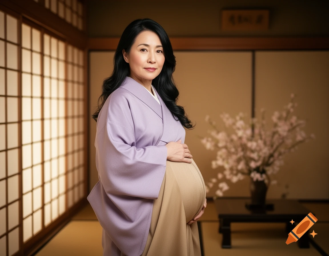 A smiling pregnant woman in a lilac kimono cradles her belly in a traditional Japanese room with shoji screens.