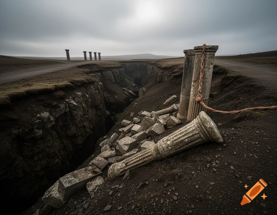 A desolate, overcast landscape with an old road running beside a deep ravine. Ancient stone pillars, some broken, are scattered near the ravine's edge, with a rope tied to one.