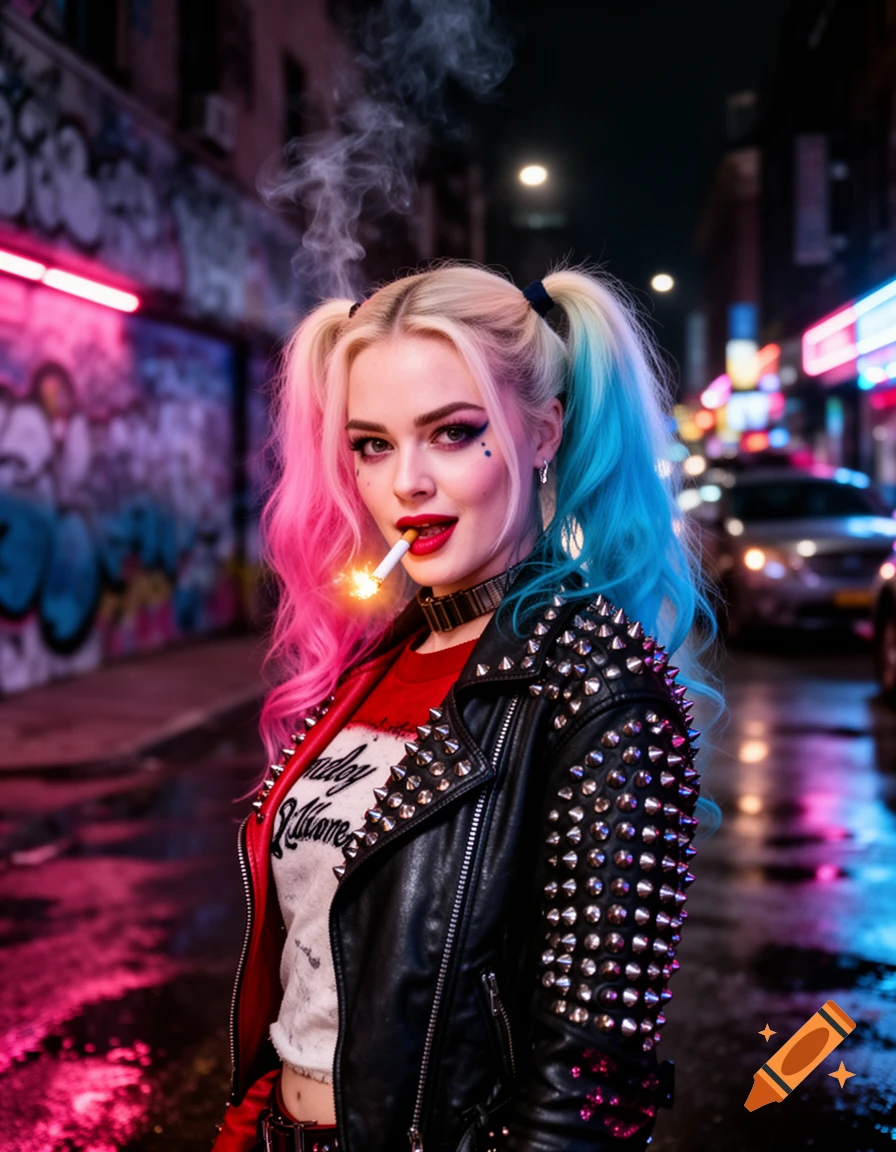 Margot Robbie as Harley Quinn smokes a cigarette on a wet, neon-lit city street at night.