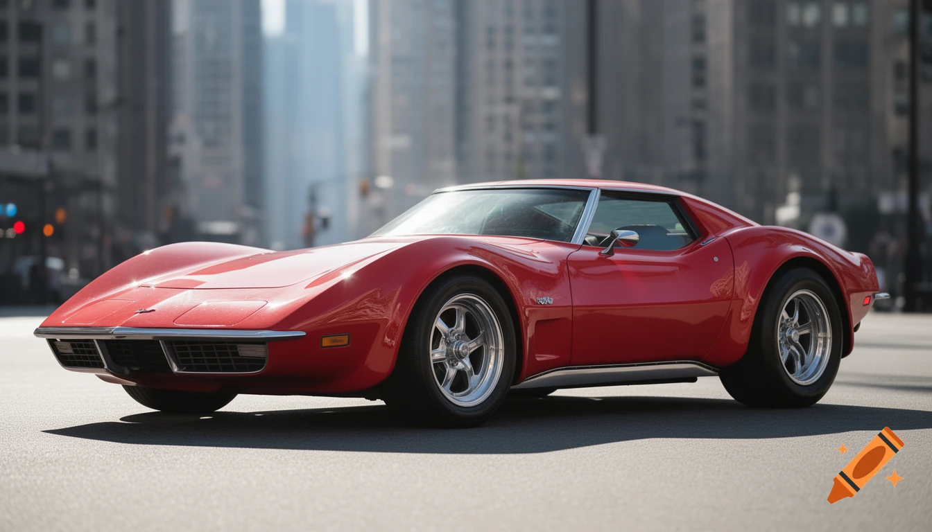 A photorealistic image of a glossy red classic sports car, possibly a Corvette, parked on an asphalt street in a blurred city setting.