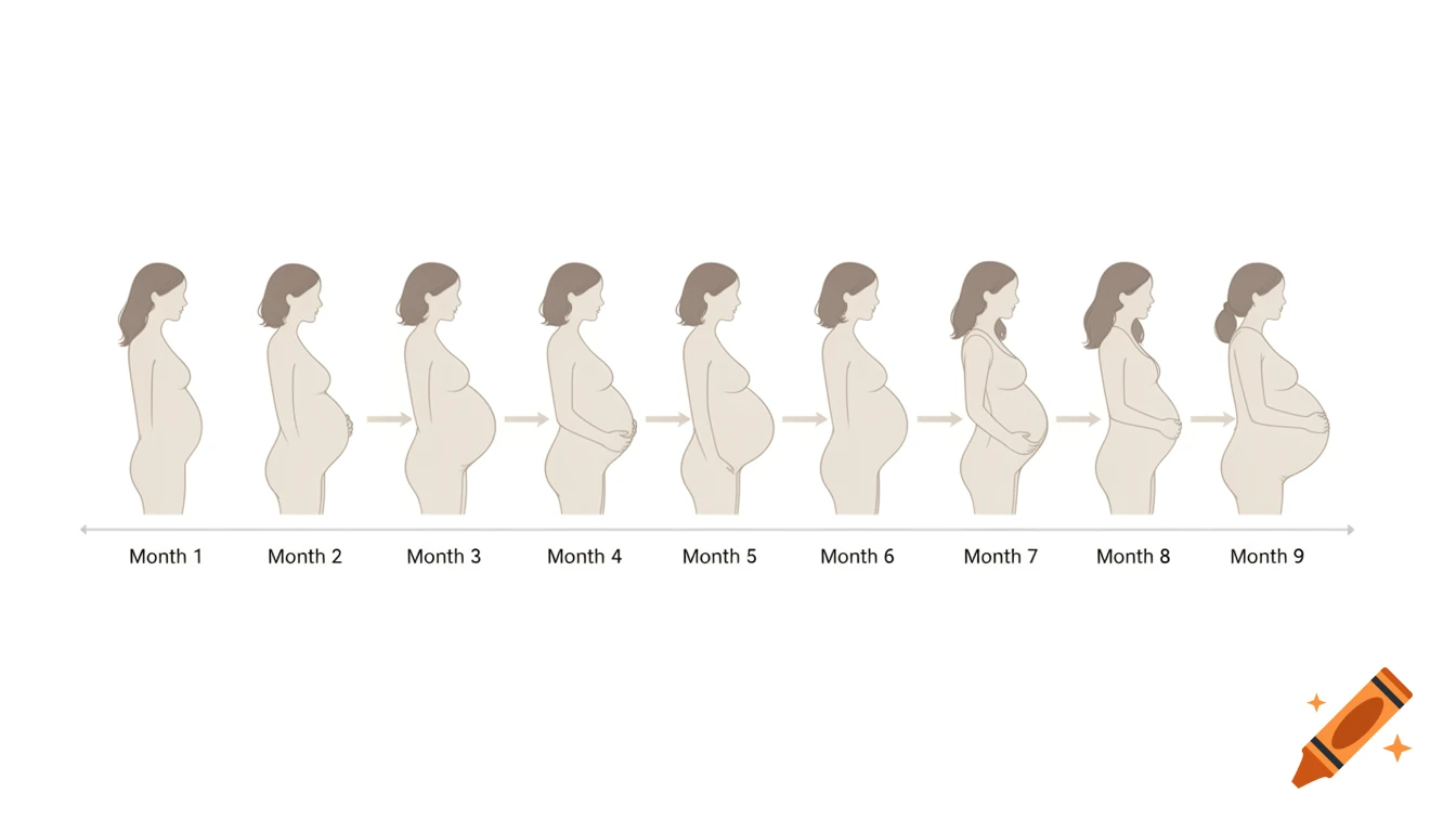 Medical infographic showing a woman's side profile, illustrating the gradual progression of pregnancy body shape from Month 1 to Month 9.