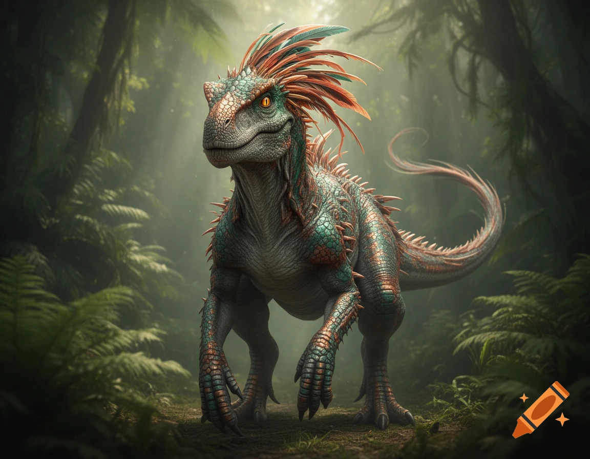 A vibrant, scaly dinosaur with a feathery crest stands in a misty, lush jungle.