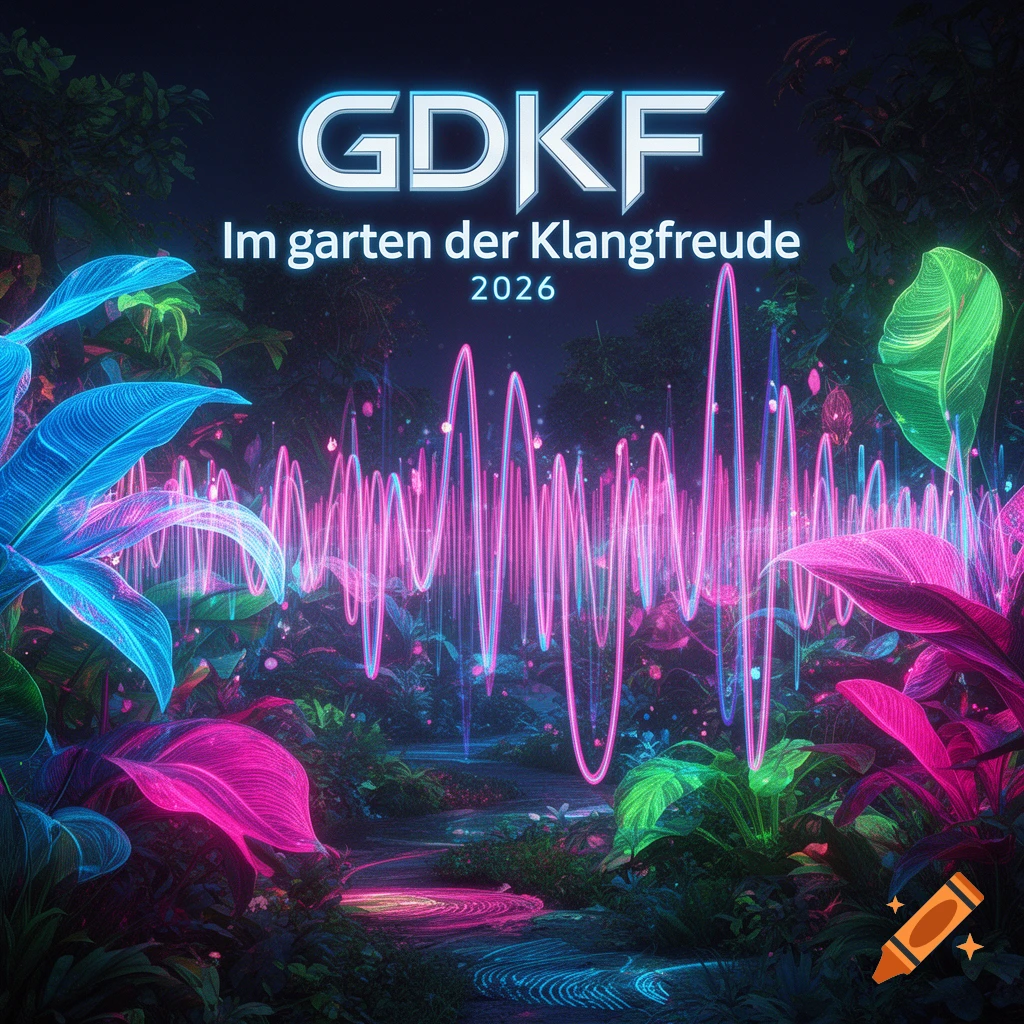Neon glowing jungle scene with pink and blue sound waves, featuring text "GDKF Im garten der Klangfreude 2026".