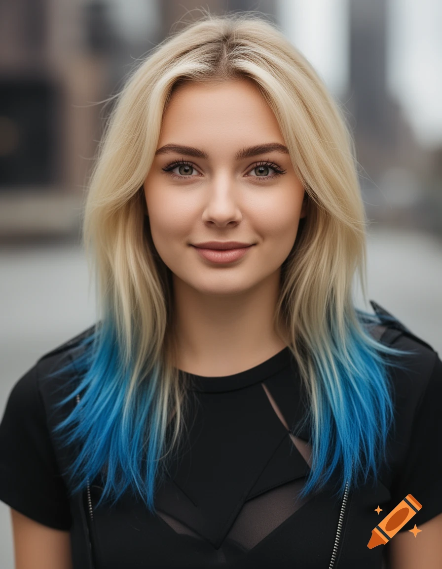 Photorealistic portrait of a blonde woman with blue streaks in her hair, wearing a black top, against a blurred urban background.