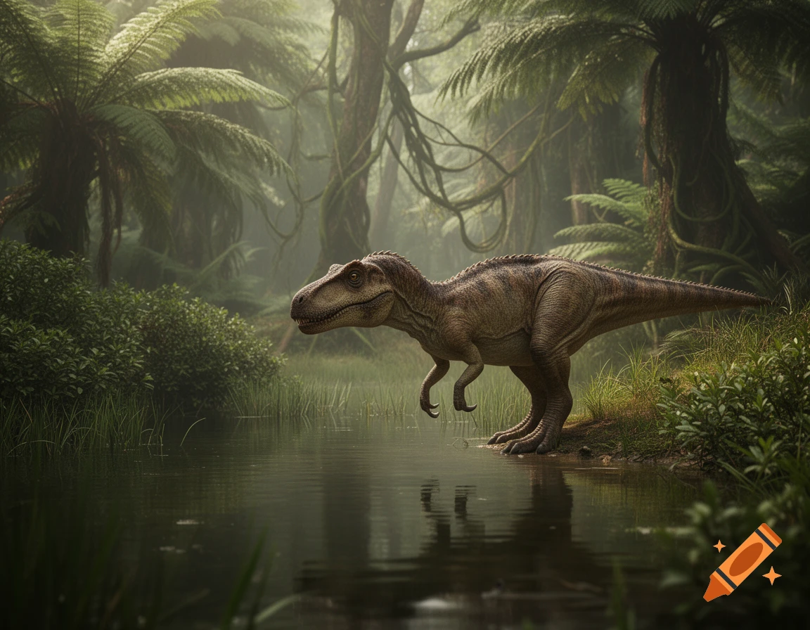 A photorealistic juvenile Allosaurus stands by a still pond in a misty, lush prehistoric jungle filled with ferns and tall trees.