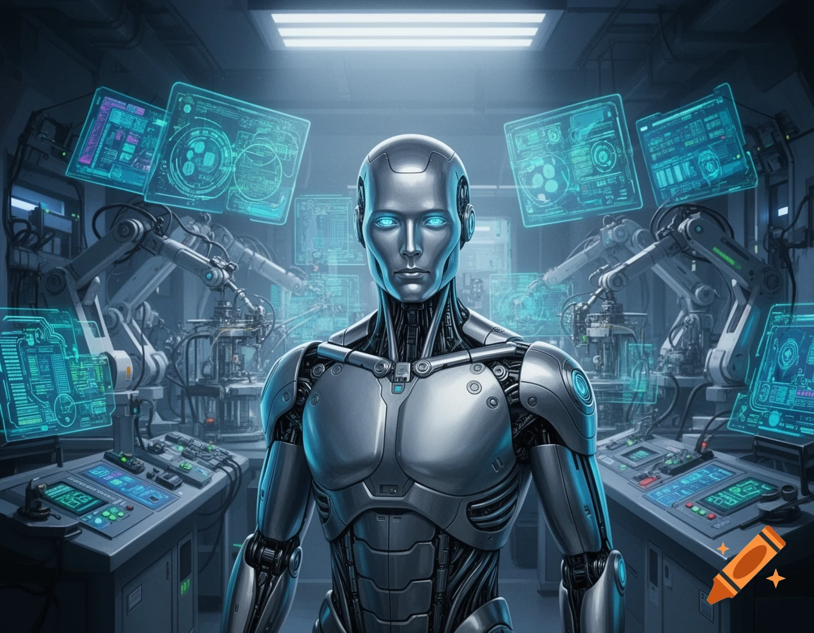 A silver robot with glowing blue eyes stands in a futuristic laboratory filled with holographic screens and robotic arms.