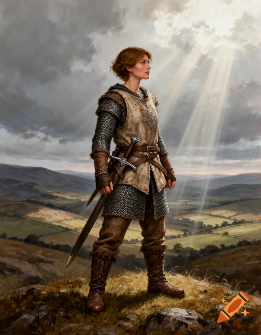 A female warrior in chainmail and surcoat stands on a hill, sword at her side, looking towards sunlight breaking through dramatic clouds over a green countryside. Detailed painting.