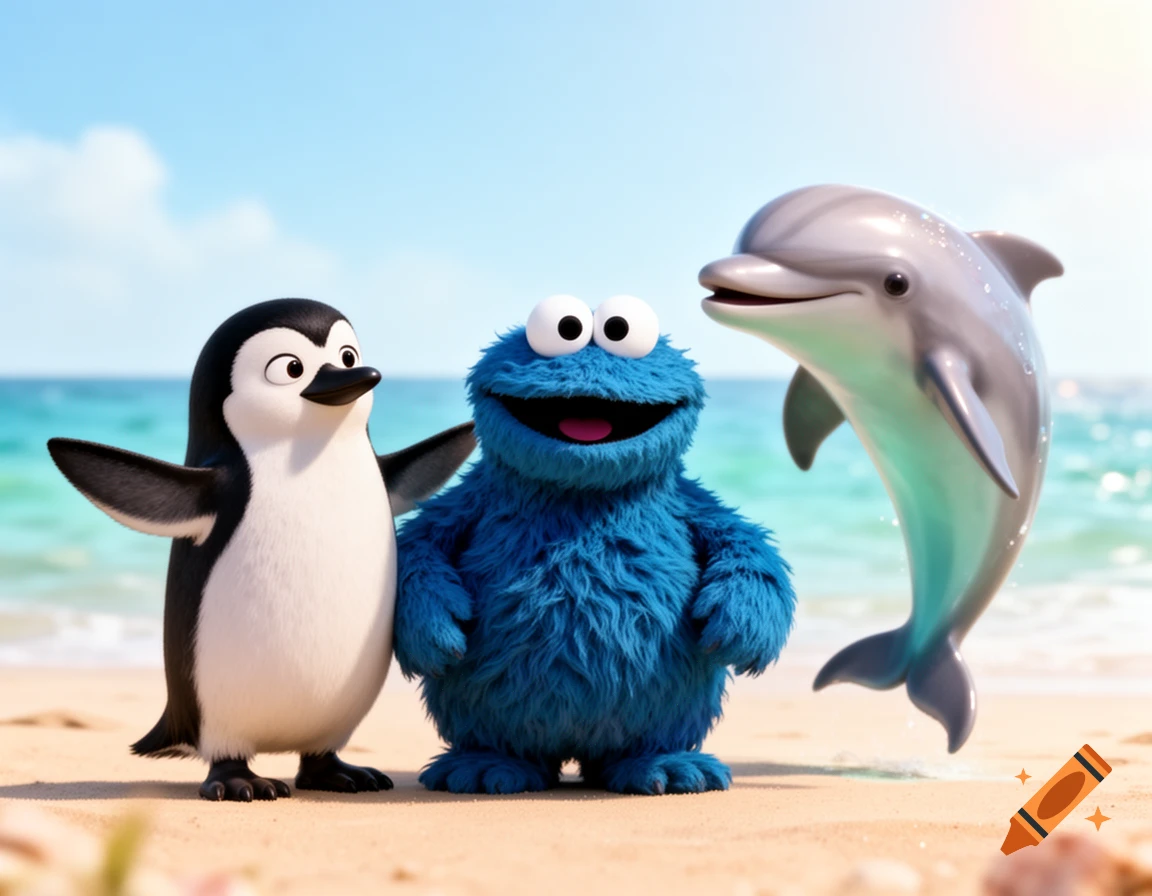A cute animated penguin, Cookie Monster, and a dolphin pose happily on a sunny beach with blue ocean and sky.
