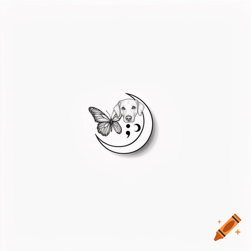 Minimalist black line art tattoo design with a dog's head, butterfly, and semicolon inside a crescent moon.