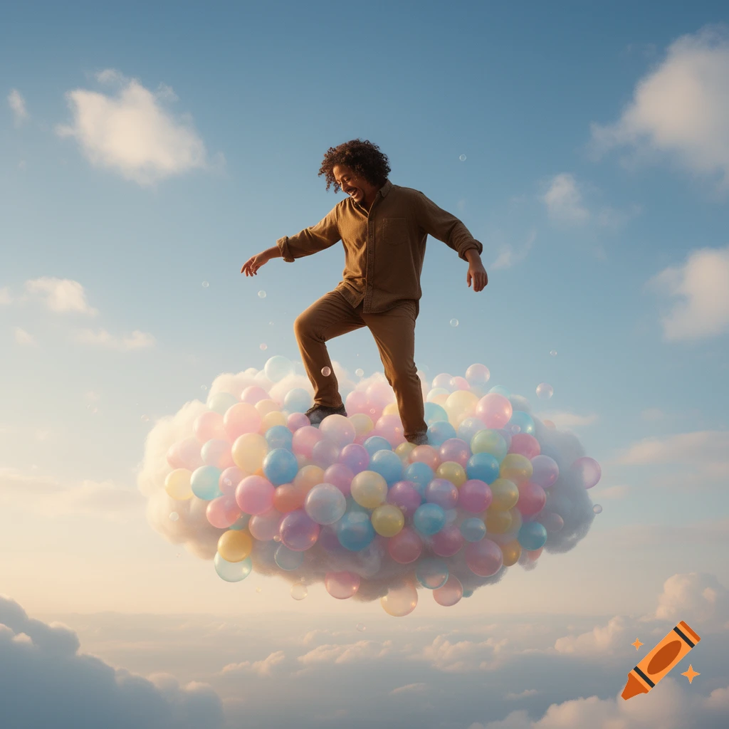 A man with curly hair balances on a cloud made of pastel-colored balloons against a bright blue sky.