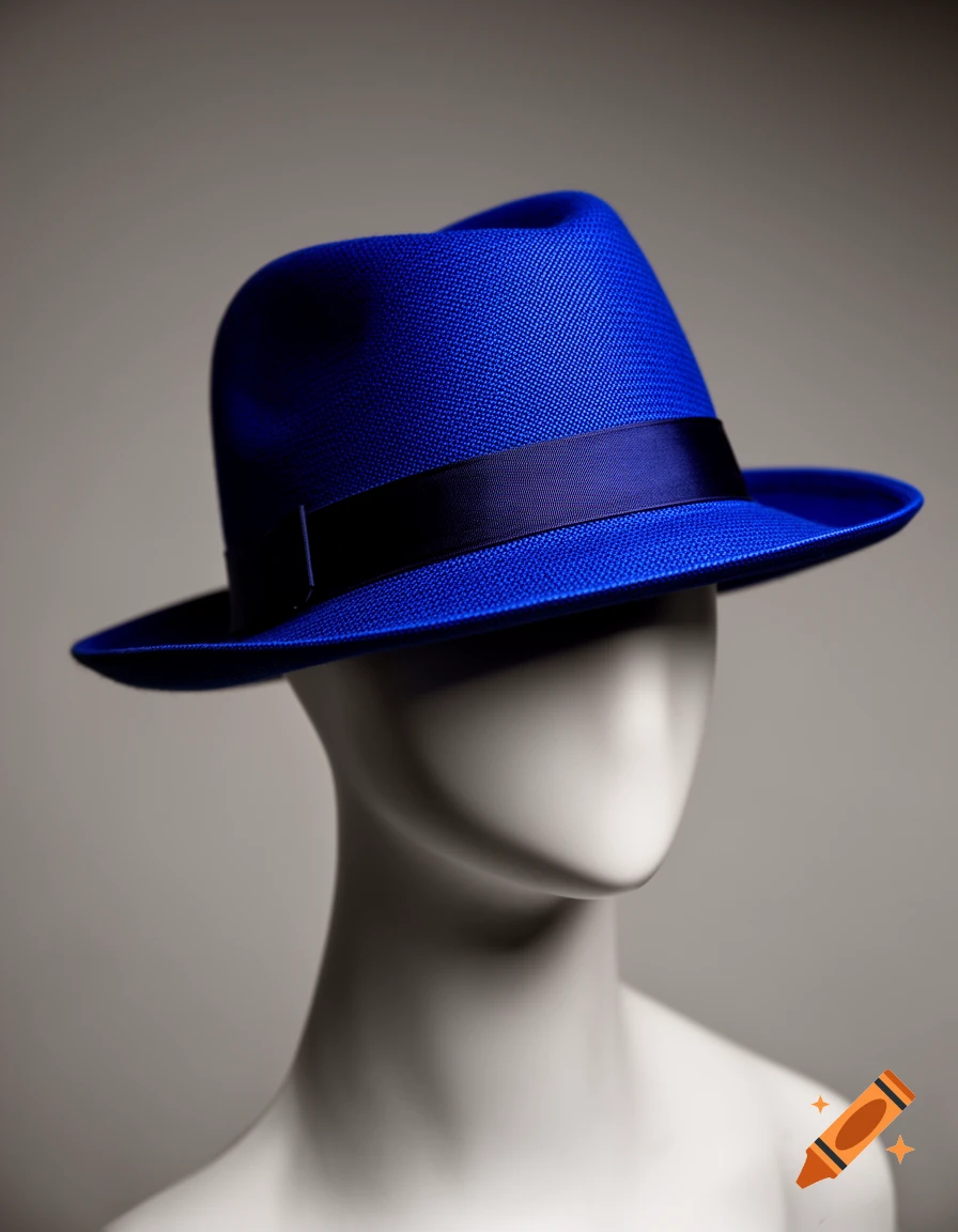 A bright blue fedora-style hat with a black ribbon band displayed on a white mannequin against a gray background.
