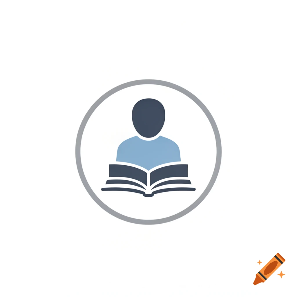 A minimalist icon featuring a person's silhouette with an open book, enclosed within a grey circle.