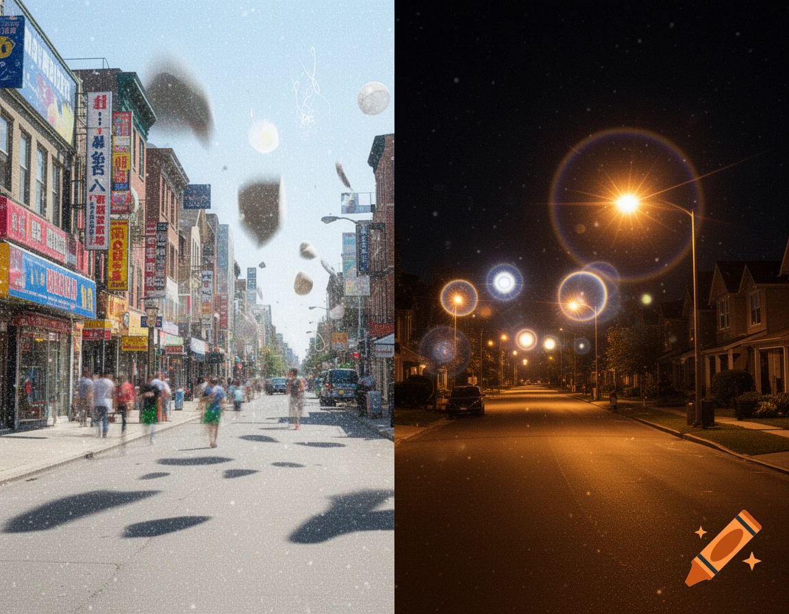A split image showing visual snow syndrome. The left side is a daytime city street with blurry people and floating shapes. The right side is a nighttime residential street with prominent halos around streetlights.