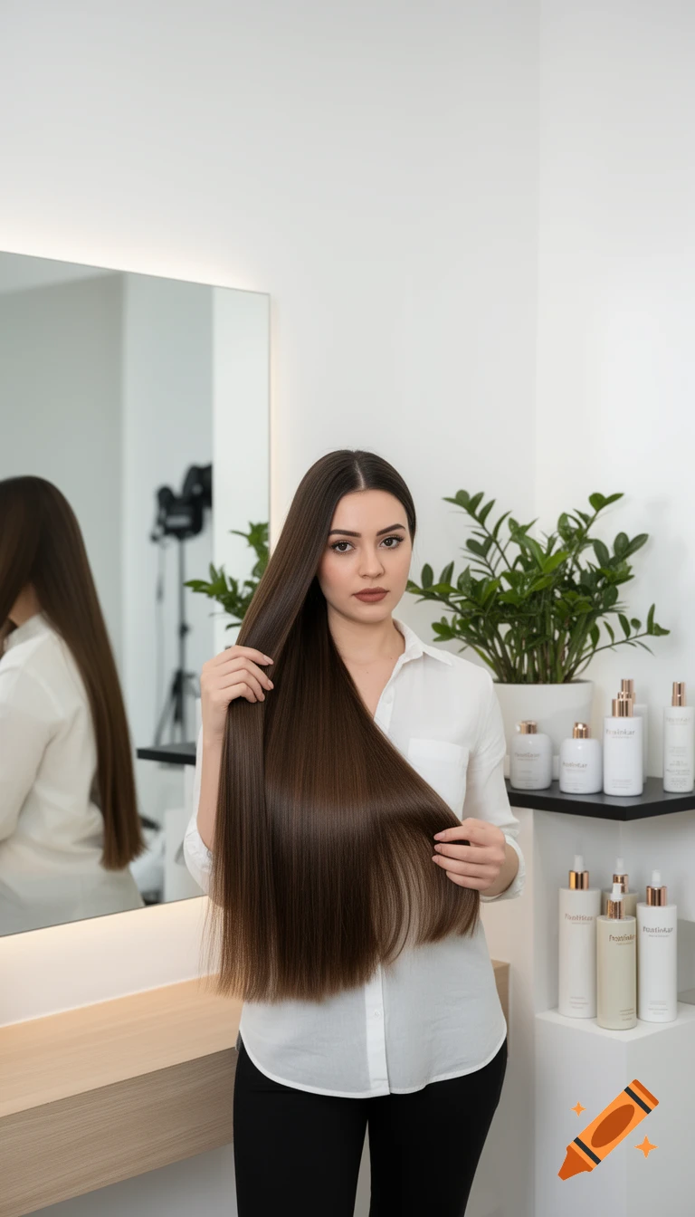 A woman with long, straight, brown hair holds a section of it, standing in a bright room with hair products on shelves. Photorealistic.