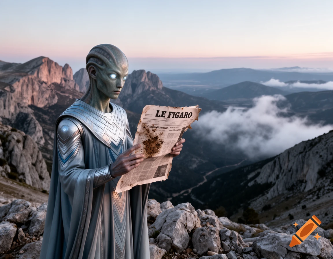 A grey alien with glowing eyes, wearing ornate futuristic robes, stands on a rocky mountain peak reading a torn and soiled newspaper titled "LE FIGARO" with mountains and clouds in the background at sunset, photorealistic style.