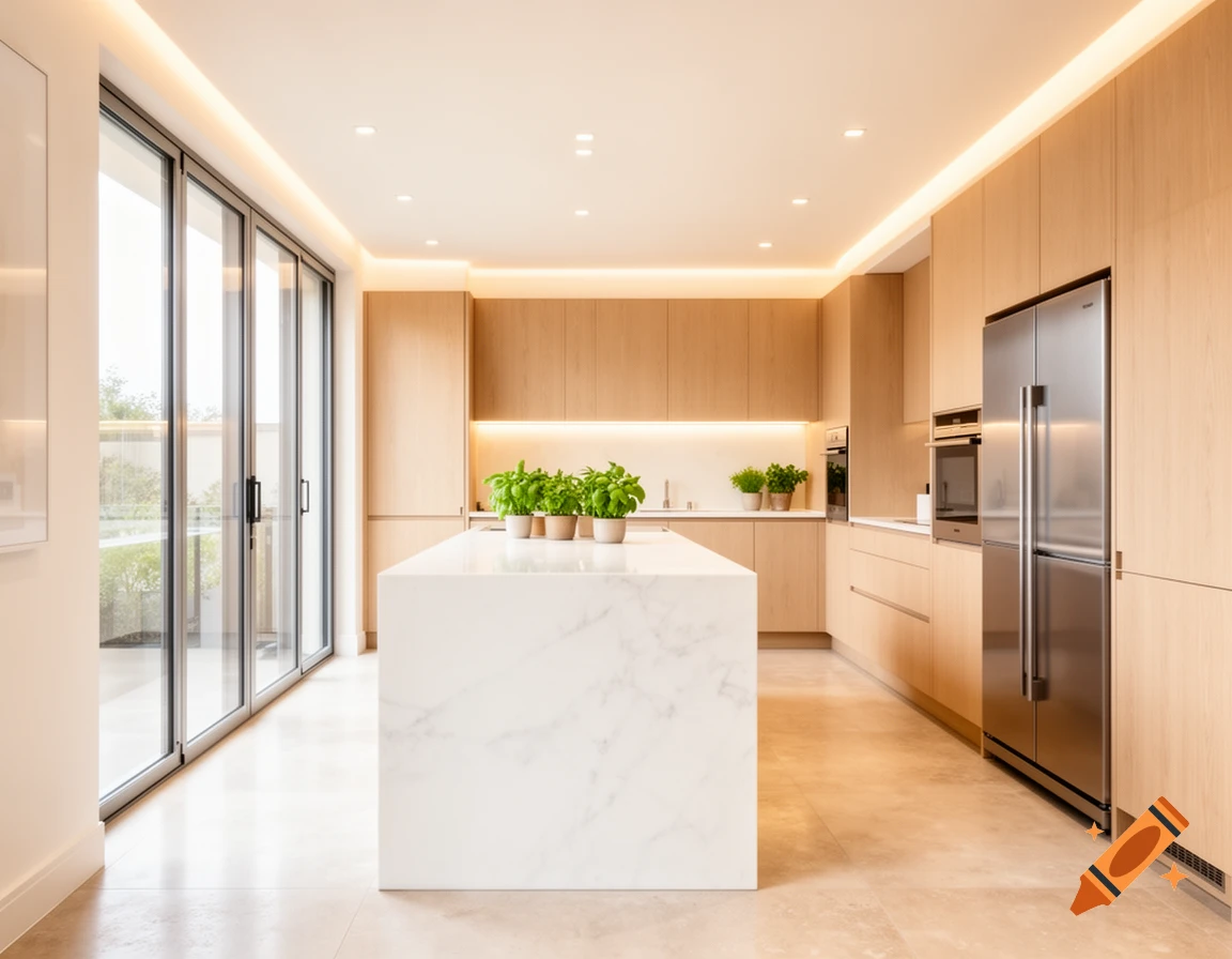 A modern, minimalist kitchen with a white marble island, light wood cabinets, stainless steel appliances, and large glass doors.
