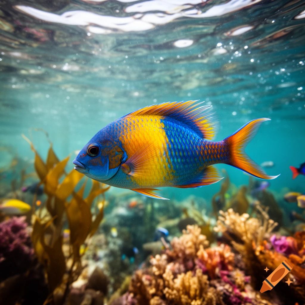 A vibrant blue and orange fish swims over a colorful coral reef in clear blue water.
