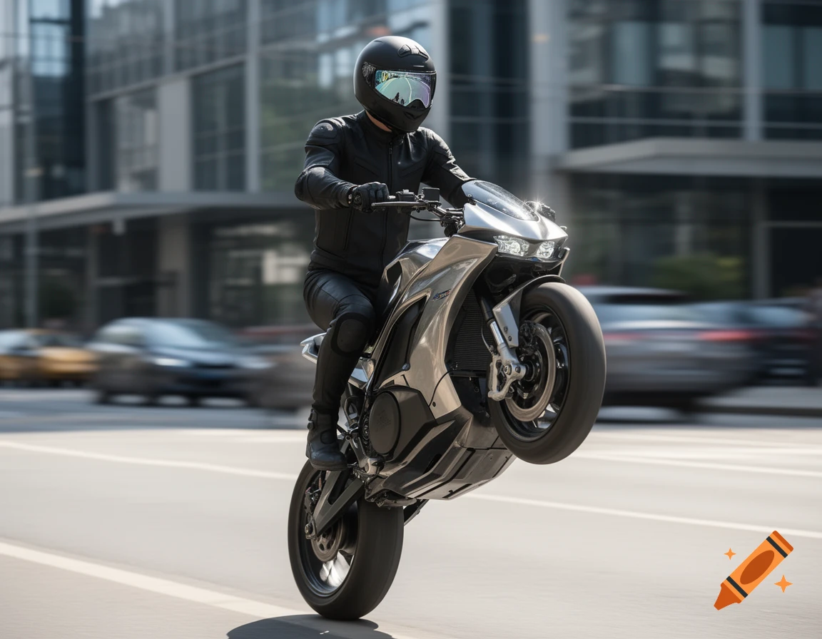 A person in a black full-face helmet and leather gear performs a wheelie on a silver motorcycle on a city street, with blurred background traffic.